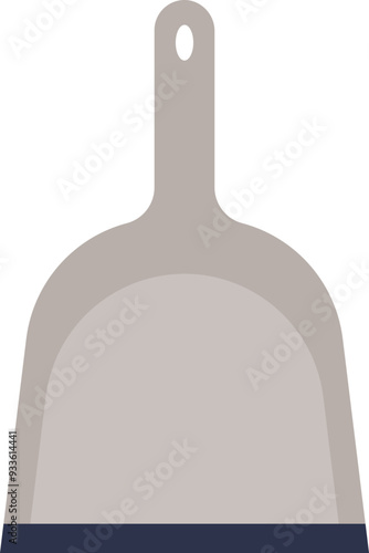 A simple grey dustpan with a handle, symbolizing cleanliness and household chores.