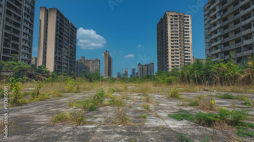 Abandoned Cityscape: Reclaimed by Nature, Towers Stand Tall Against the Sky