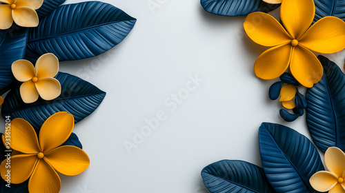 Delicate vivid yellow and ocean blue summer leaves with tiny frangipanis on a white backdrop. Minimalistic, high resolution, clear sharp focus, hyper-detailed photo