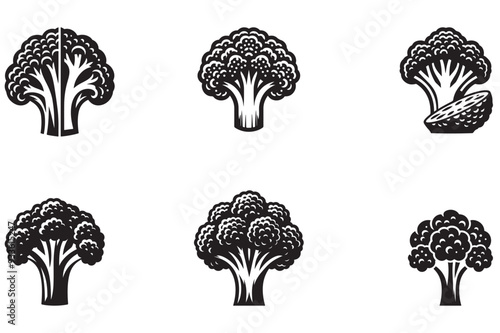 A collection of black broccoli silhouette icons set against a white background for design and web.