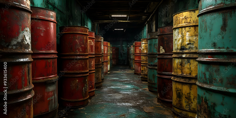Rusty Barrels Lined Up in an Abandoned Warehouse, A Haunting Scene of Industrial Decay Rusty Barrels Lined Up in an Abandoned Warehouse, A Haunting Scene of Industrial Decay