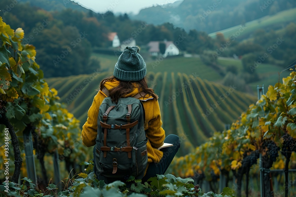 a woman sitting on a hill with a backpack. a woman sitting on a hill with a backpack.