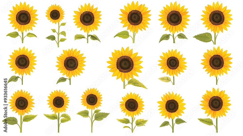 Vibrant Sunflower Field: Illustration of Rows of Bright Yellow Sunflowers on White Background Vibrant Sunflower Field: Illustration of Rows of Bright Yellow Sunflowers on White Background