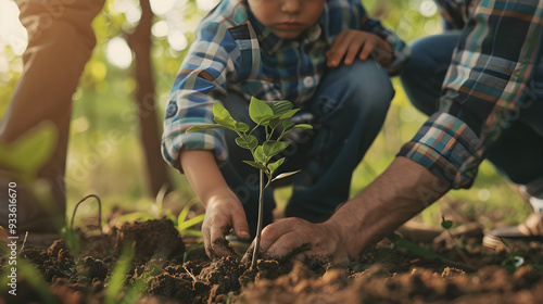 Father and son are planting a tree. The concept of caring for the environment. A family tradition