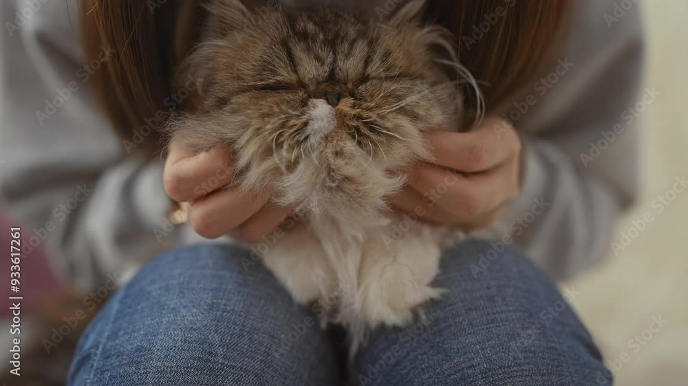 A woman gently holds a small kitten in her hands while sitting in a cozy indoor living room, displaying the tender moment between them. A woman gently holds a small kitten in her hands while sitting in a cozy indoor living room, displaying the tender moment between them.