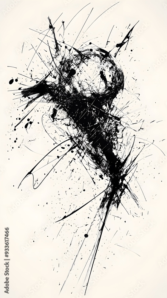 A black and white ink drawing of an abstract shape with sharp edges, resembling the outline of chaos or a splattered brush stroke on a pure background A black and white ink drawing of an abstract shape with sharp edges, resembling the outline of chaos or a splattered brush stroke on a pure background