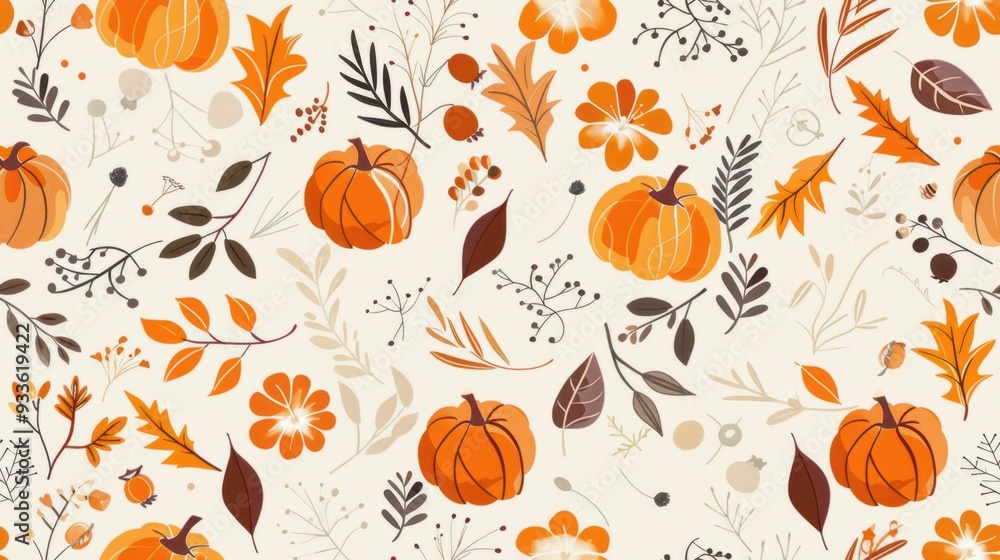 Autumn-themed seamless pattern with pumpkins, leaves, and branches in orange, brown, and beige tones on a cream background. Perfect for seasonal designs. Autumn-themed seamless pattern with pumpkins, leaves, and branches in orange, brown, and beige tones on a cream background. Perfect for seasonal designs.