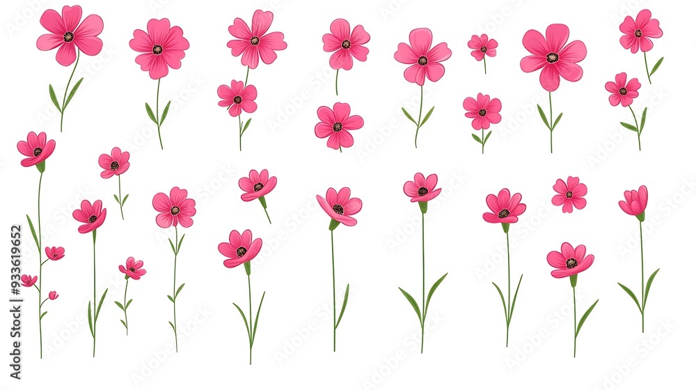 Vibrant Pink Flowers Pattern on White Background with 50 Flowers in Each Row. Minimalistic Floral Design for Spring Decor. Vibrant Pink Flowers Pattern on White Background with 50 Flowers in Each Row. Minimalistic Floral Design for Spring Decor.