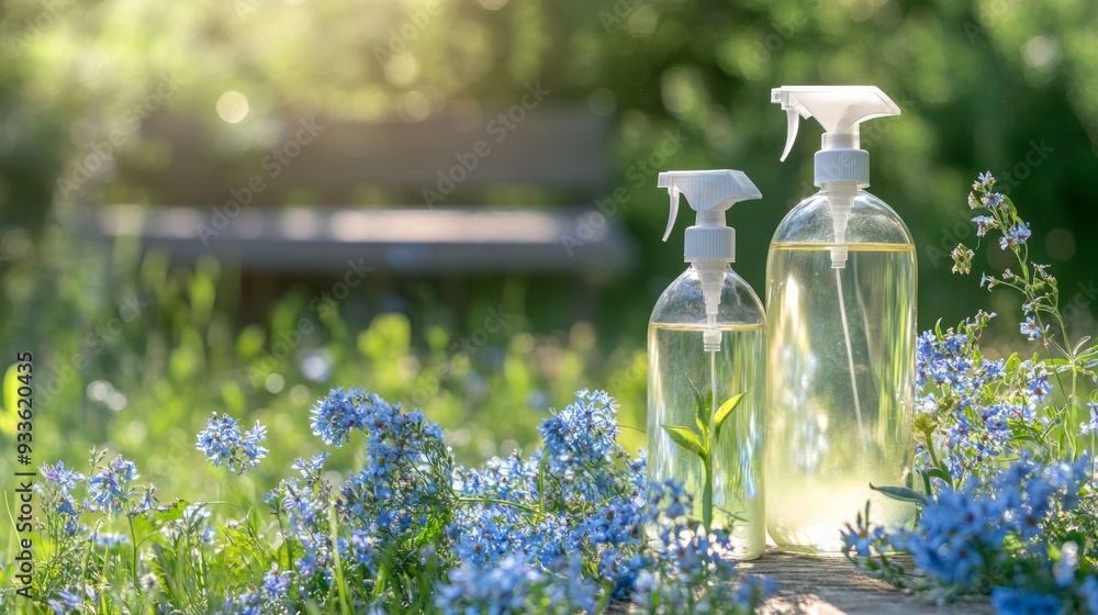 Two Spray Bottles in a Field of Blue Flowers Two Spray Bottles in a Field of Blue Flowers