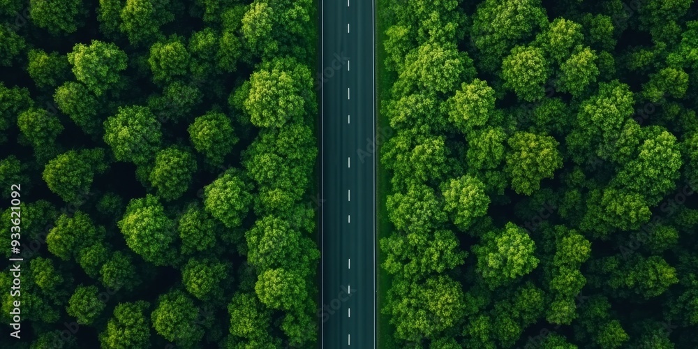 Aerial View of Asphalt Road Cutting Through Lush Green Forest: Sustainable Infrastructure and Environmental Conservation Concept. Balancing Development with Nature for Eco-Friendly Transportation and Aerial View of Asphalt Road Cutting Through Lush Green Forest: Sustainable Infrastructure and Environmental Conservation Concept. Balancing Development with Nature for Eco-Friendly Transportation and
