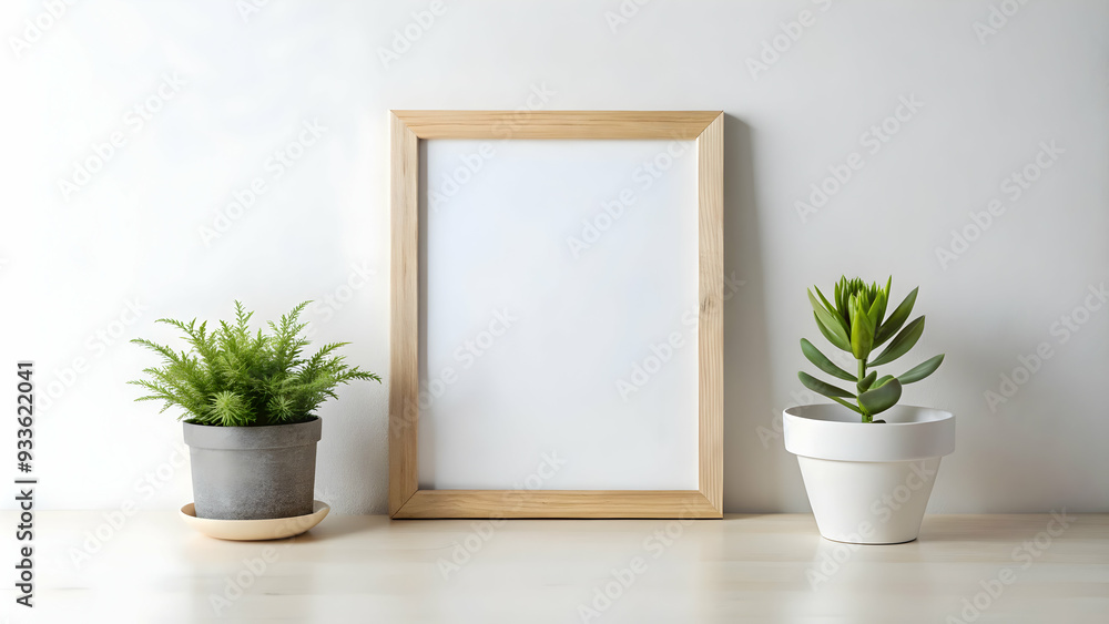 Minimalist modern interior with a wooden photo frame mockup and succulent plants against a clean, white background. Minimalist modern interior with a wooden photo frame mockup and succulent plants against a clean, white background.