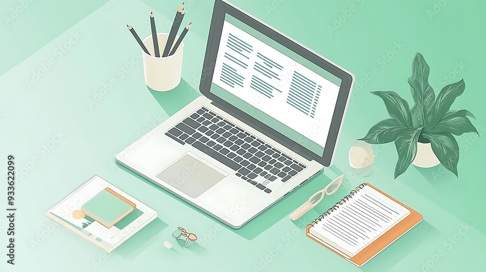 Modern Workspace Concept - Isometric Laptop Stand on Desk with Person Reading Magazine in Clean Illustration Style on Mint Green Background Modern Workspace Concept - Isometric Laptop Stand on Desk with Person Reading Magazine in Clean Illustration Style on Mint Green Background