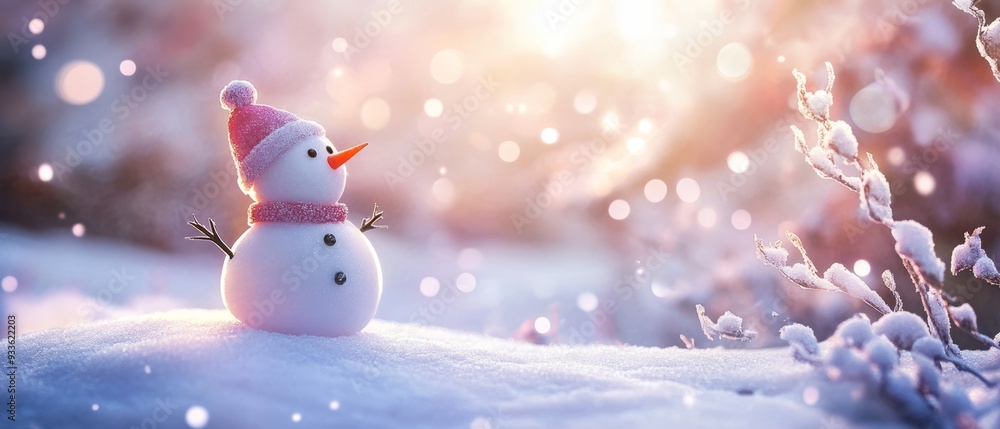 Christmas snowman wearing a red hat and scarf, surrounded by snowflakes and lights on a blurred bright background. Perfect for holiday cards and decorations. Christmas snowman wearing a red hat and scarf, surrounded by snowflakes and lights on a blurred bright background. Perfect for holiday cards and decorations.