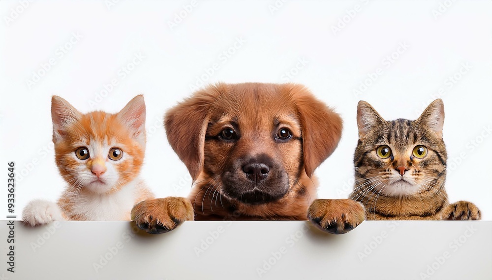 Fototapeta premium 白い台の向こうから覗いている子犬と猫（Dog and Cat above white banner） 