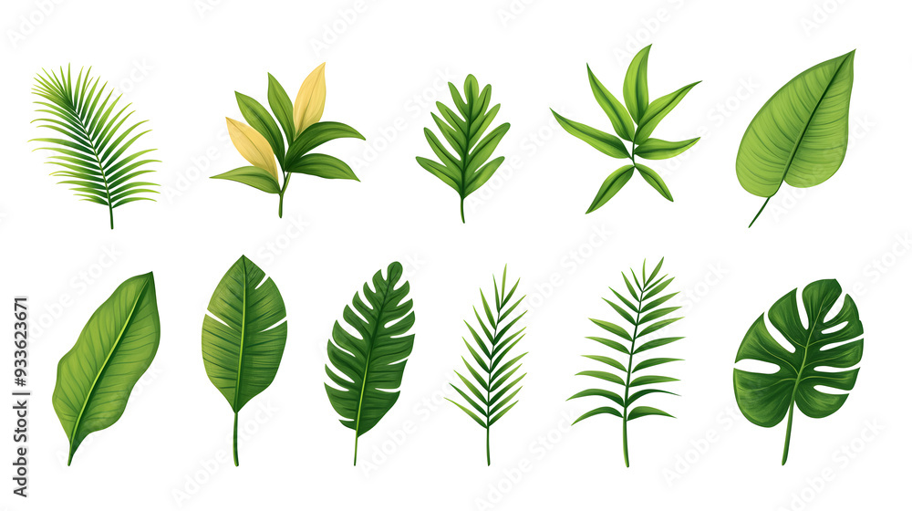 Minimalistic illustration collection of different tropical leaves isolated on white background Minimalistic illustration collection of different tropical leaves isolated on white background