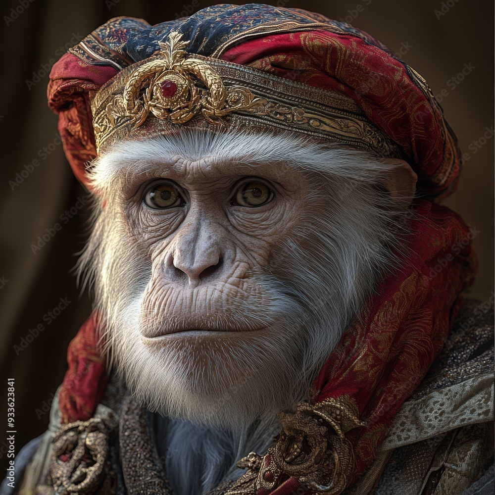 Whimsical Monkey Portrait in Renaissance Attire: Creative Animal Character Design Blending Historical Fashion with Modern Artistic Flair. Elegant Minimalist Composition for Unique Graphic Art, UI Elem Whimsical Monkey Portrait in Renaissance Attire: Creative Animal Character Design Blending Historical Fashion with Modern Artistic Flair. Elegant Minimalist Composition for Unique Graphic Art, UI Elem
