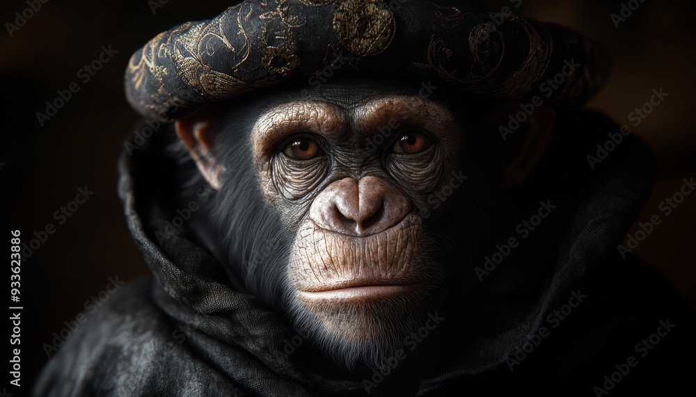 Whimsical Monkey Portrait in Renaissance Attire: Creative Animal Character Design Blending Historical Fashion with Modern Artistic Flair. Elegant Minimalist Composition for Unique Graphic Art, UI Elem Whimsical Monkey Portrait in Renaissance Attire: Creative Animal Character Design Blending Historical Fashion with Modern Artistic Flair. Elegant Minimalist Composition for Unique Graphic Art, UI Elem
