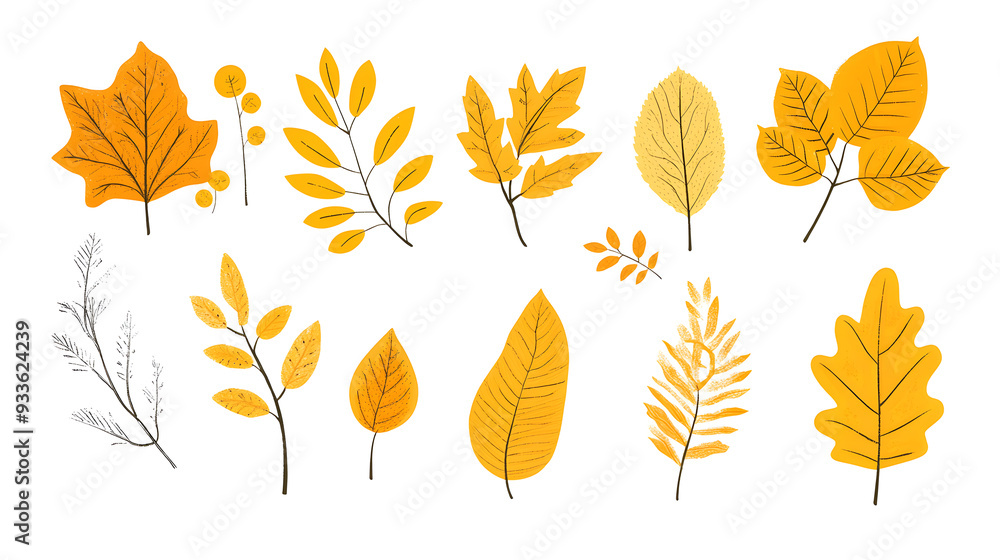 Obraz premium Minimalistic illustration collection of different yellow fall leaves and plants isolated on white background 