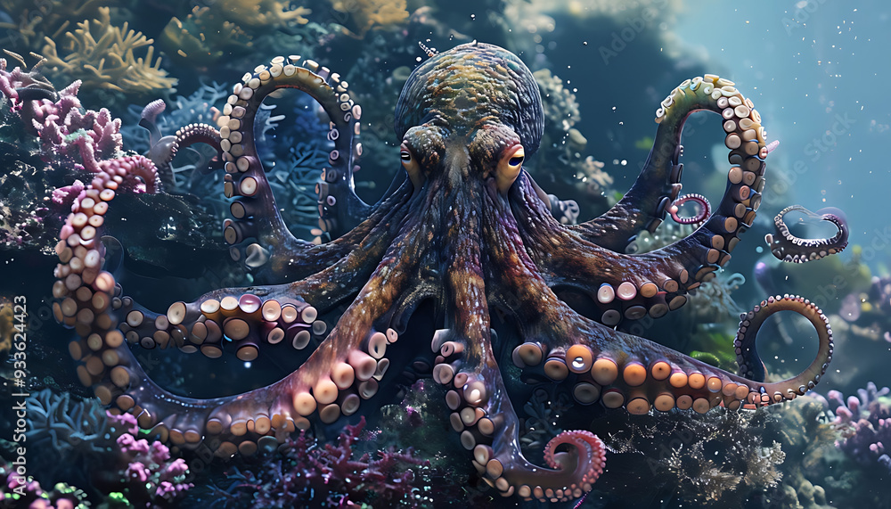 Obraz premium A gigantic octopus expertly camouflaged among vibrant coral and seaweed 