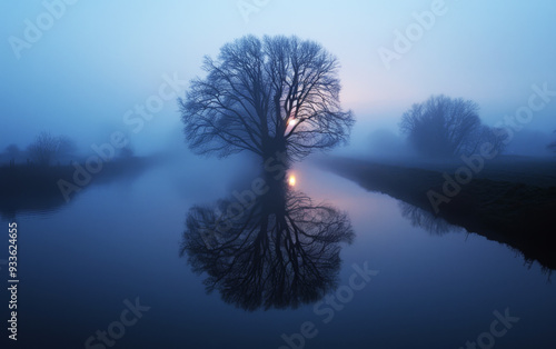 A large tree reflecting in a still, foggy river at sunrise. Ideal for peaceful and moody landscape scenes. photo