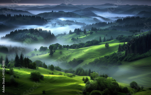 Rolling green hills shrouded in mist with scattered trees under a cloudy sky. Ideal for serene and natural landscapes. photo