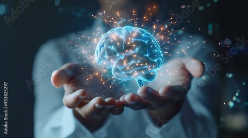 A Hand Holding a Digital Brain, a Symbol of Intelligence and Technology