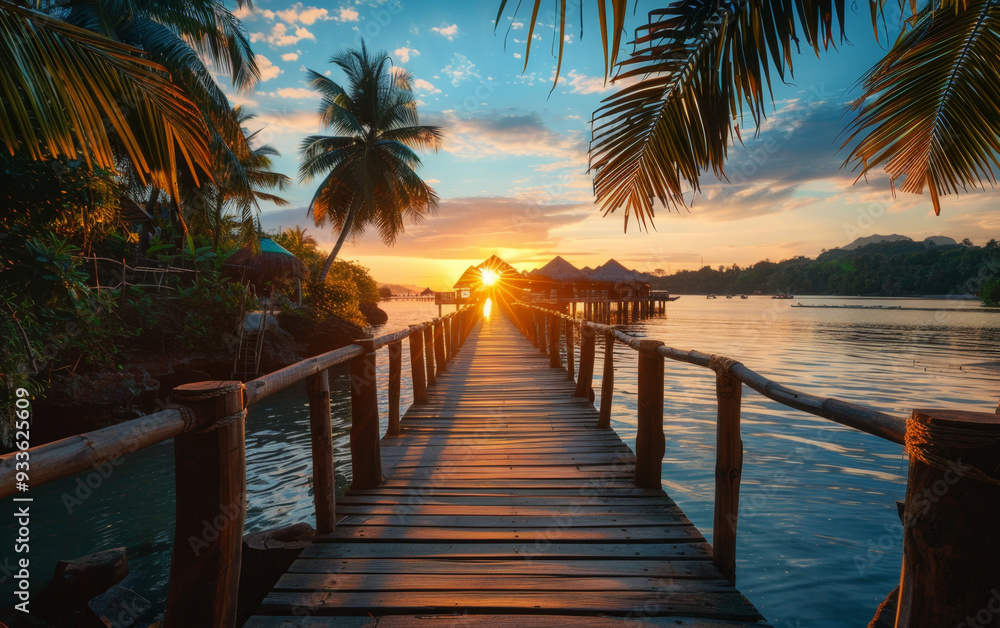 Wooden pier extending over the water with a beautiful sunset and palm trees framing the scene. Ideal for tropical, travel, and relaxation content. Wooden pier extending over the water with a beautiful sunset and palm trees framing the scene. Ideal for tropical, travel, and relaxation content.