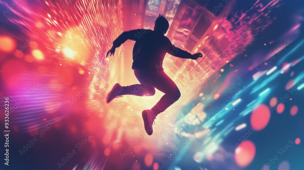 Man Leaps Through Neon Light Tunnel Man Leaps Through Neon Light Tunnel