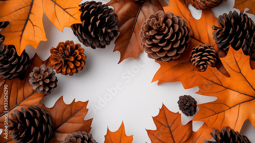 Delicate cinnamon brown and marigold autumn leaves with mini pinecones on a white backdrop. Minimalistic, high resolution, clear sharp focus, hyper-detailed photo