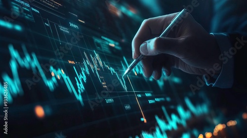 A business professional analyzes financial data with a digital interface, showcasing modern technology and strategic insights.