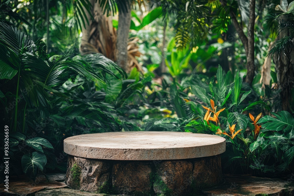 Empty round stone platform podium in tropical garden. Product display pedestal template, presentation stone table. Podium jungle product platform with generative ai Empty round stone platform podium in tropical garden. Product display pedestal template, presentation stone table. Podium jungle product platform with generative ai