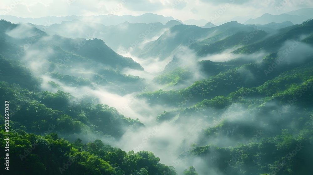 Obraz premium Serene Misty Mountain Valley with Dramatic Lighting and Lush Greenery
