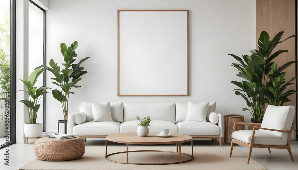 A modern living room with a large white framed wall art, a white sectional sofa, and various decorative elements such as plants. A modern living room with a large white framed wall art, a white sectional sofa, and various decorative elements such as plants.