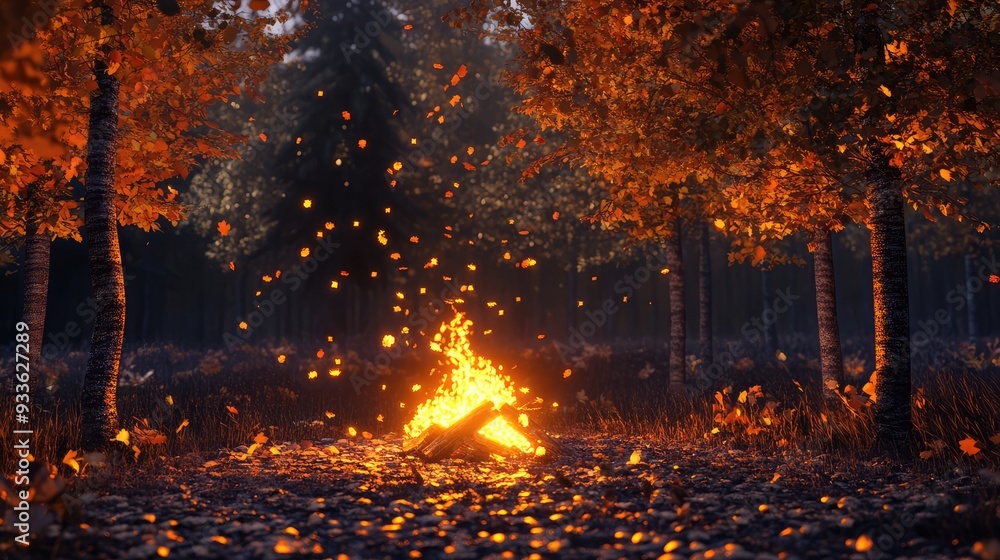 Burning autumn bonfires illuminate the tranquil forest landscape. Generation Ai Burning autumn bonfires illuminate the tranquil forest landscape. Generation Ai