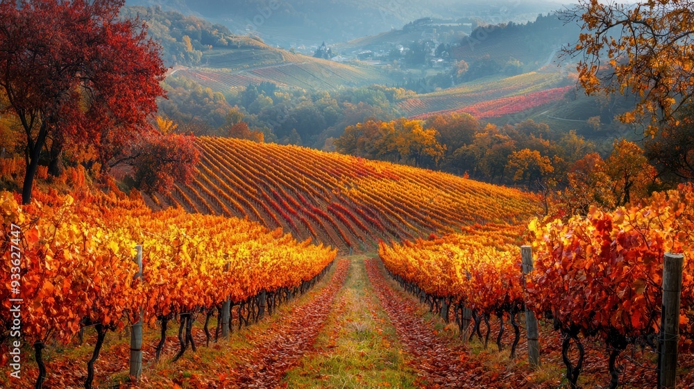 Naklejka premium Colorful Fall Beauty: Scenic Vineyard Landscape in Autumn with Vibrant Foliage and Golden Light