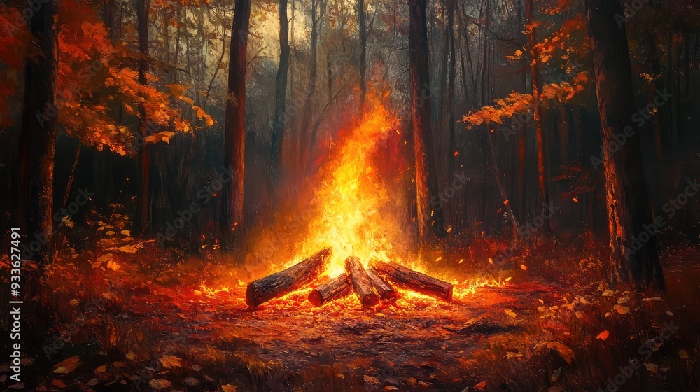 Burning autumn bonfires illuminate the tranquil forest landscape. Generation Ai Burning autumn bonfires illuminate the tranquil forest landscape. Generation Ai