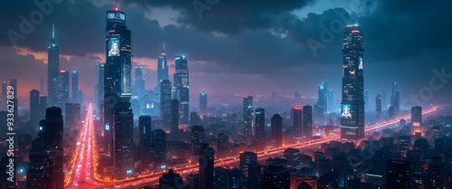 Wallpaper Mural Futuristic Cityscape High-Tech Skyline with Neon Lights Torontodigital.ca