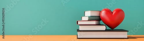 Equal balance of law books and a heart, representing justice with compassion, flat design illustration