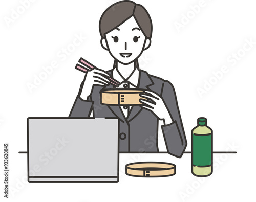 お弁当を食べる女性会社員のイラスト