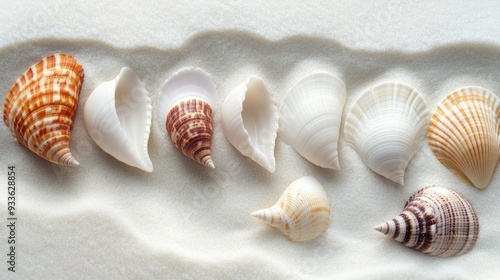 Close-up of a curated seashell collection on pristine white sand, with a plain backdrop emphasizing the delicate textures and colors of the shells.