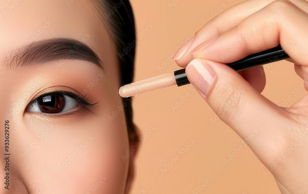 Woman using a highlighter stick on her brow bone, adding a touch of shimmer, Makeup application, Luminous eyes Woman using a highlighter stick on her brow bone, adding a touch of shimmer, Makeup application, Luminous eyes
