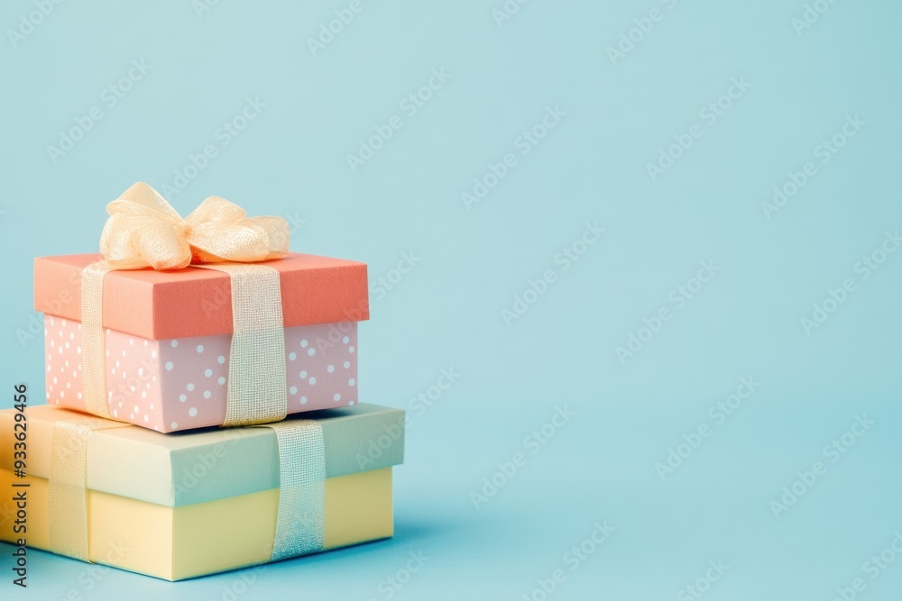 Obraz premium Two Pastel Gift Boxes with a Gold Bow on a Blue Background