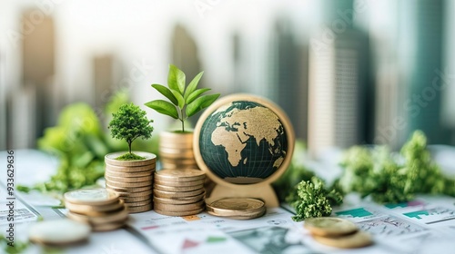 A globe surrounded by coins and greenery, symbolizing financial growth and sustainability in a modern urban setting.