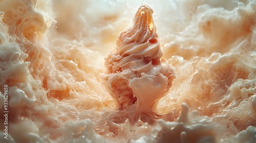 A close-up of a peach ice cream cone splashing in a white background with a swirling peach color, with a light source shining above. photo