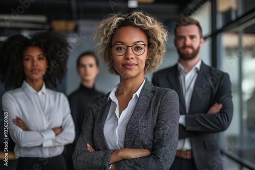 A diverse team of business professionals stands confidently in a modern office, exemplifying cooperation and diversity. photo