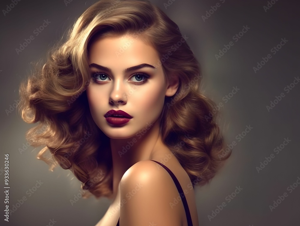 Portrait of a woman with glamorous curls and striking lipstick against a dark background