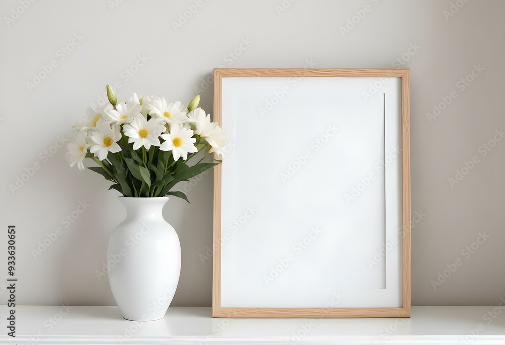 A white vase with white flowers on a shelf, with a blank white frame next to it. A white vase with white flowers on a shelf, with a blank white frame next to it.