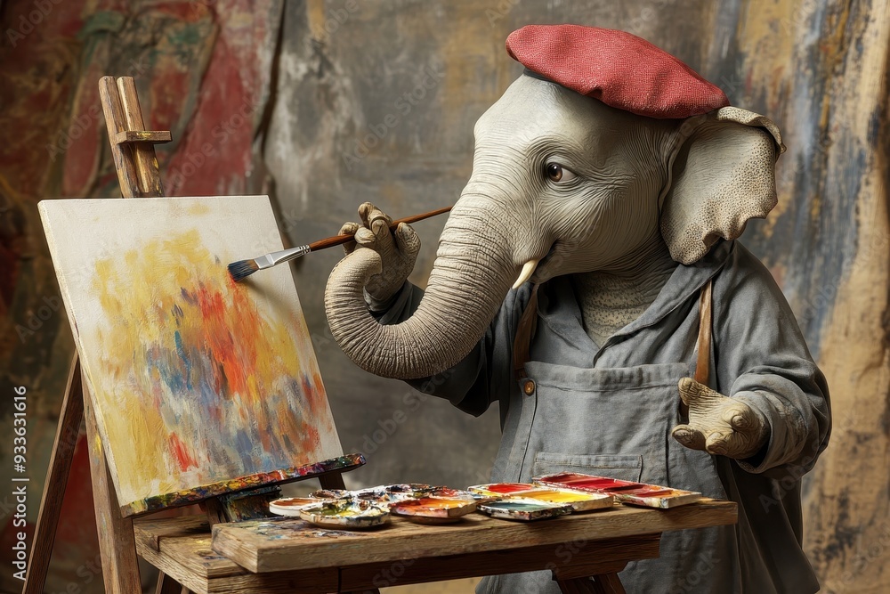 Artist Elephant: An elephant in a smock and beret, holding a paintbrush ...