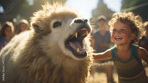 a boy reaching out to a lion.  photo