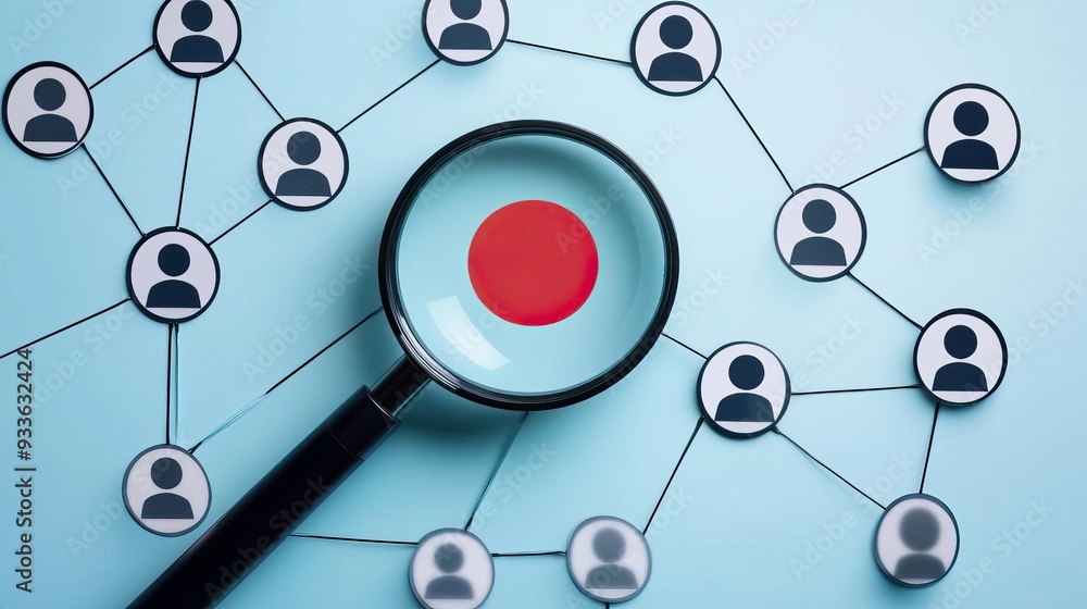 A magnifying glass highlighting a connection in a network of people, symbolizing analysis and focus on social relationships. A magnifying glass highlighting a connection in a network of people, symbolizing analysis and focus on social relationships.